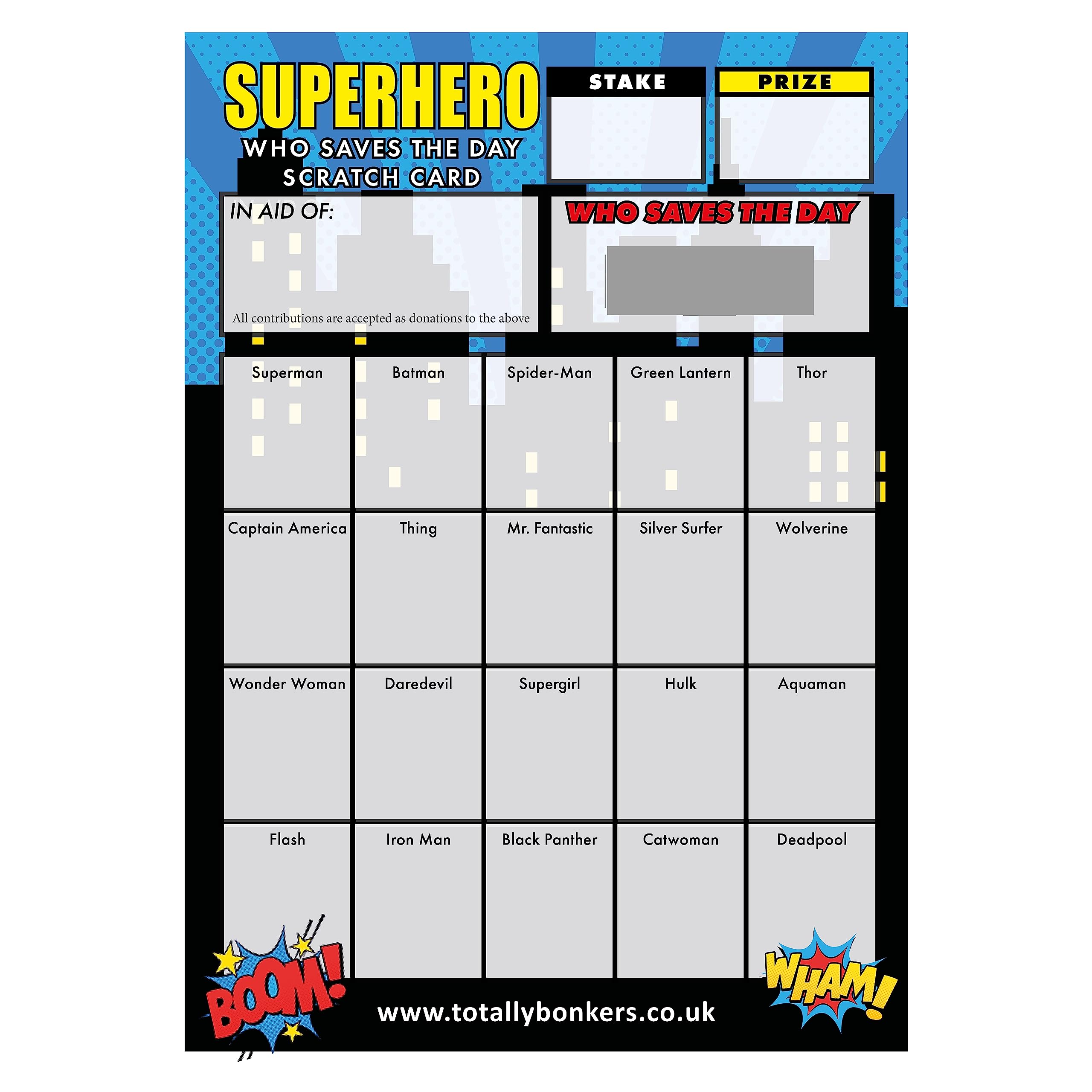 Totally Bonkers - Superhero Fundraising Scratch Cards - 20 Square - A6 (148x105mm) -10 Pack - TB0056 - Blind Card