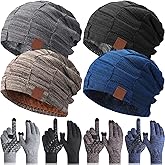 Geyoga 8 Pcs Winter Slouchy Beanie and Gloves Set for Men Warm Stretch Beanie Touchscreen Gloves