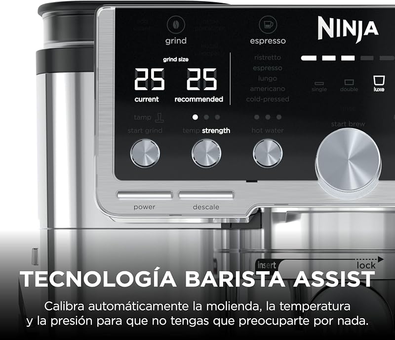 Luxe Pro, Cafetera 3 en 1, con Molinillo y Espumador, Plata