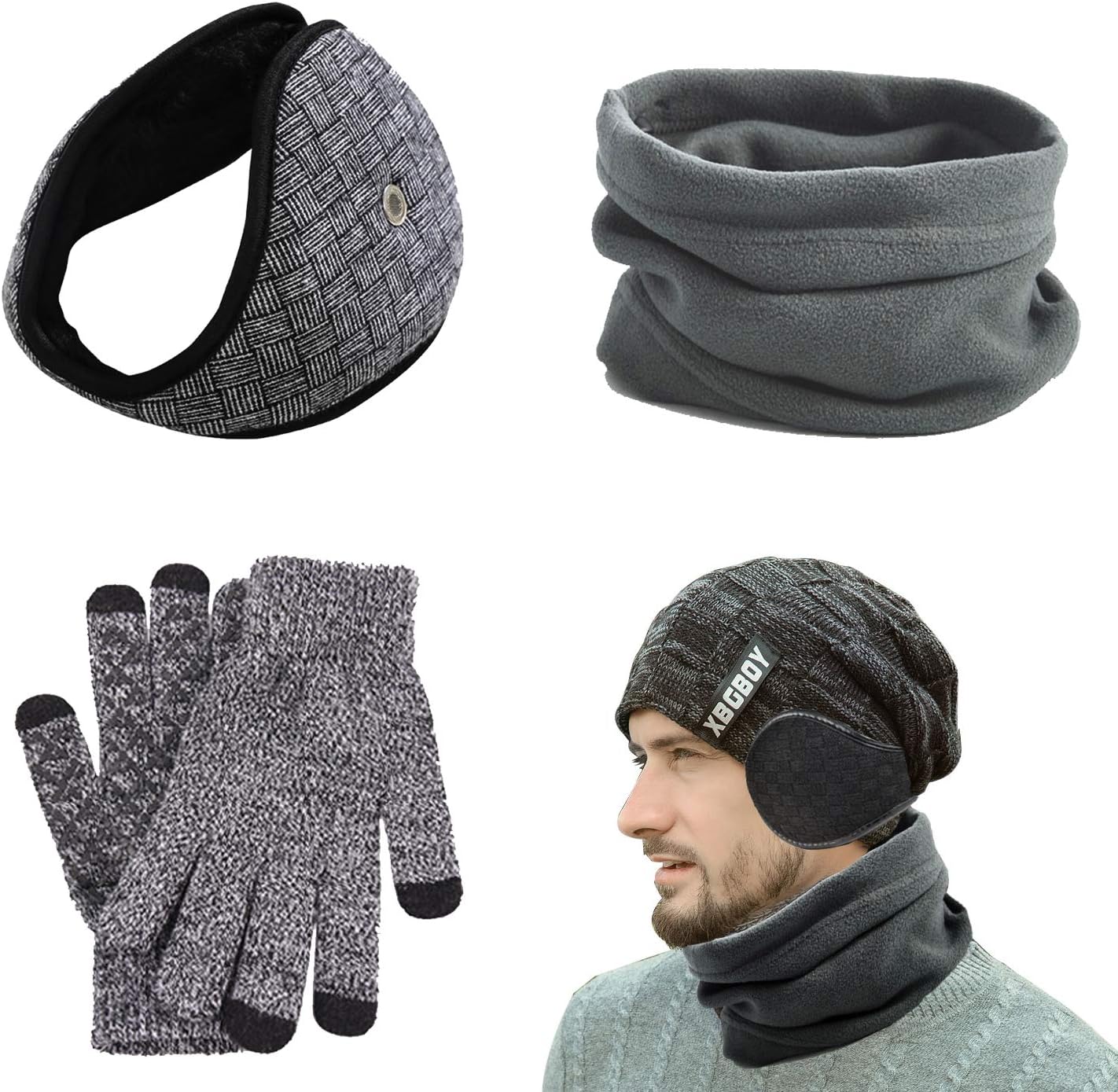 LaVenty Set of 3 Grey Fashion Winter Earmuffs For Men Black Snoods