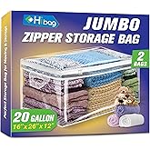 HIBAG 20 Gallon Large Storage Bag for Clothes, Zipper Clothing Storage Bag, Clear Organizer with Reinforced Handles, for Comforters Blankets Pillows Bedding (2 Pack)