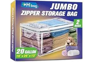 HIBAG 20 Gallon Large Storage Bag for Clothes, Zipper Clothing Storage Bag, Clear Organizer with Reinforced Handles, for Comforters Blankets Pillows Bedding (2 Pack)