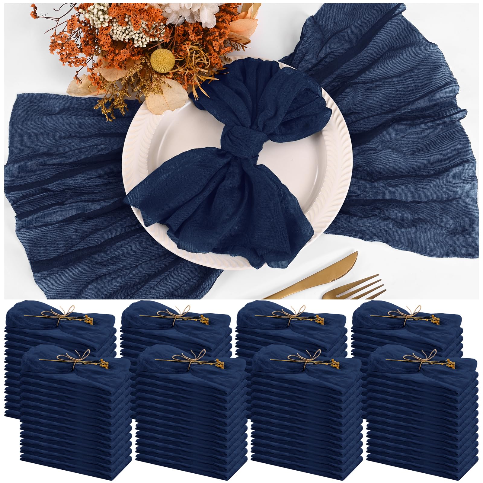 Photo 1 of 100 Pieces Cloth Napkins Navy Blue Dinner Cheesecloth Napkins for Wedding,Wrinkled Cloth Napkins Bulk for Home Party Rustic Table Decoration, 17 x 17 Inch