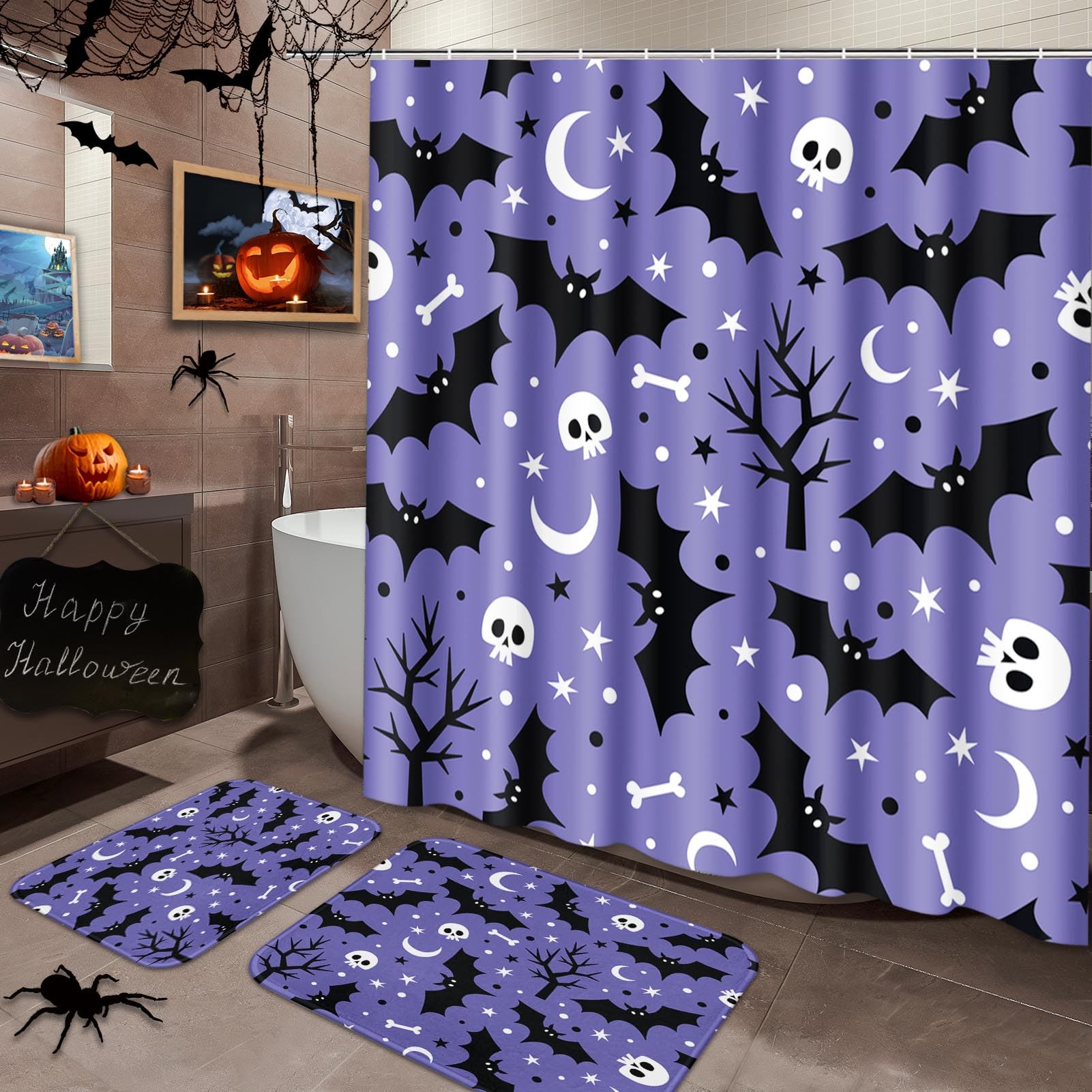 Photo 1 of Arttown Halloween Bathroom Set with Shower Curtain and Rugs Accessories, Bats Skulls Shower Curtain Set, Trees Ghost Fall Spooky Bat Bathroom Decor 3 Pcs