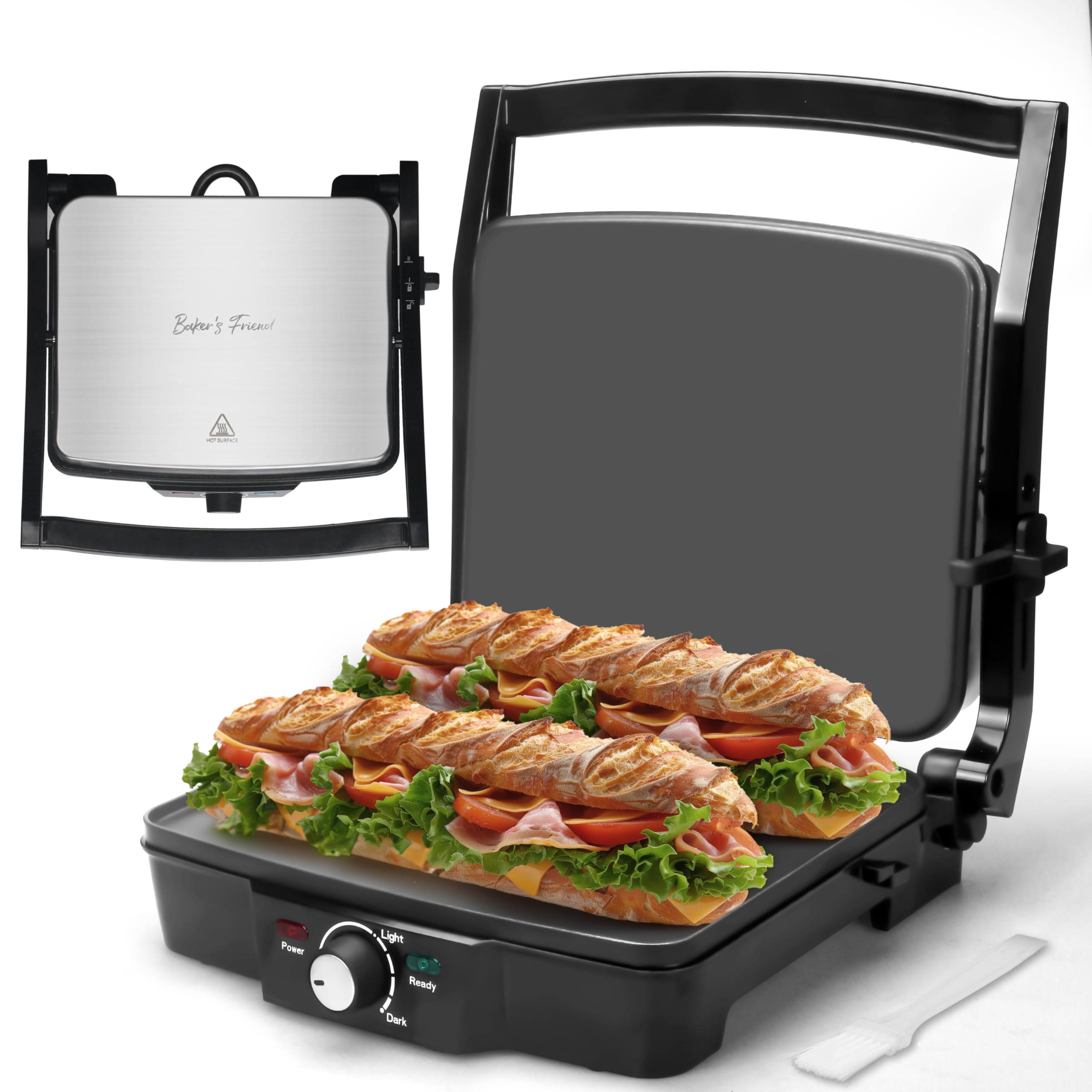 Photo 1 of Baker's Friend Panini Press Electric Griddle, Panini Grill Press Sandwich Maker Press, Grilled Cheese Maker, Sandwichera Electrical, Browning Control, Non Stick Surfaces, 4-Slices, Stainless Steel