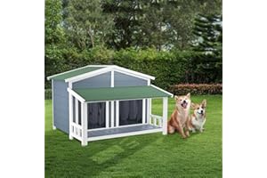RITSU 47.2" Dog House, Waterproof Dog Kennel, Wooden Outdoor and Indoor Dog House, Log Cabin Style with Porch,Elevated Floor, 2 Doors, Pine Wood + Green