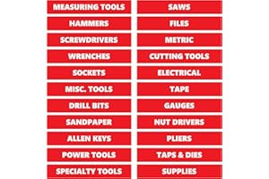 Toolbox Magnetic Labels – Red | 0.75”H x 4.5”W Size | 22-Piece Basic Set by DCM Solutions | Tool Drawer Organizer | Bold, Easy-to-Read | Strong Hold Magnets | Made in USA | Garage & Shop Use