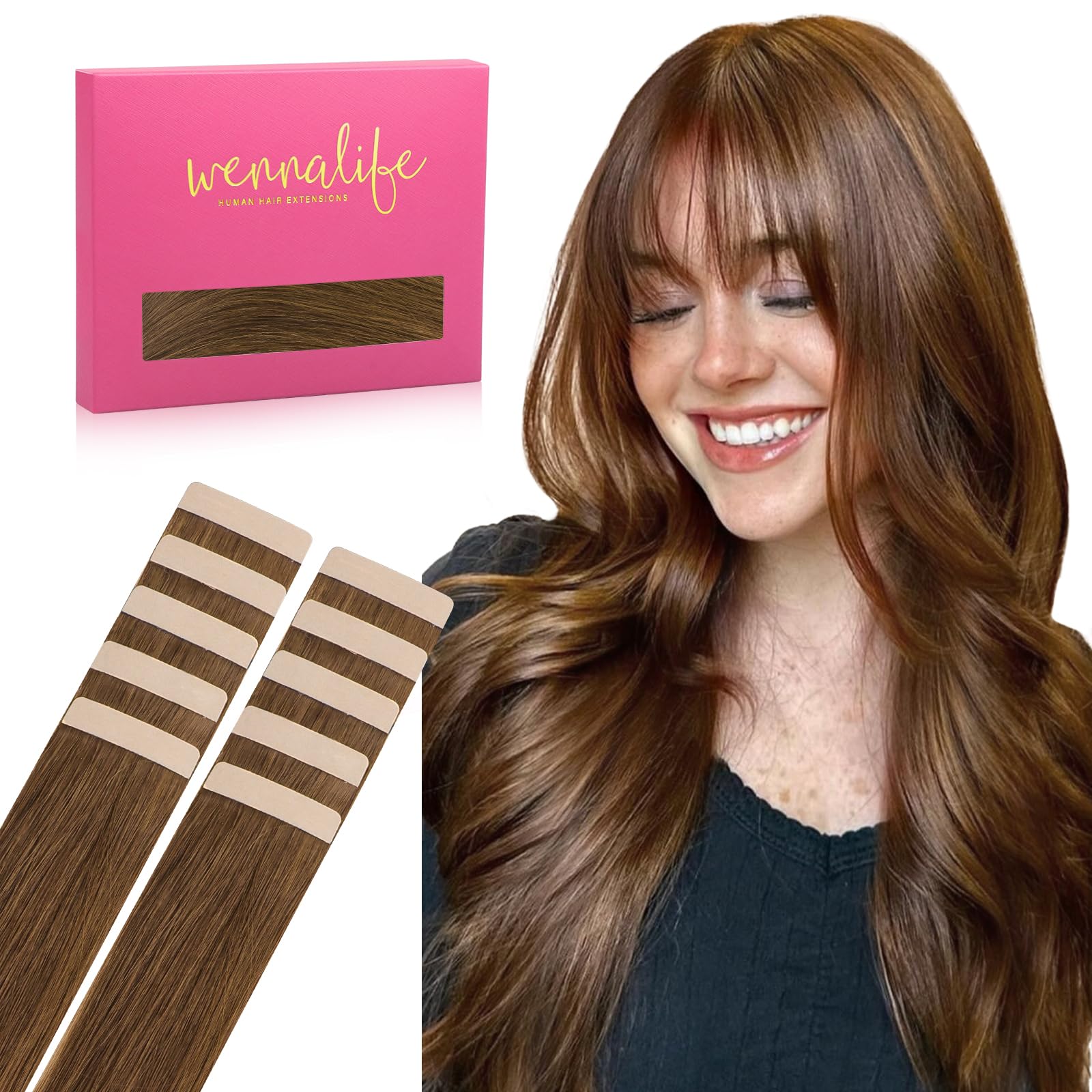 WENNALIFE Tape in Hair Extensions Human Hair, 14inch 10pcs 25 Light Auburn Brown Real Human Hair Tape Extensions — image 1