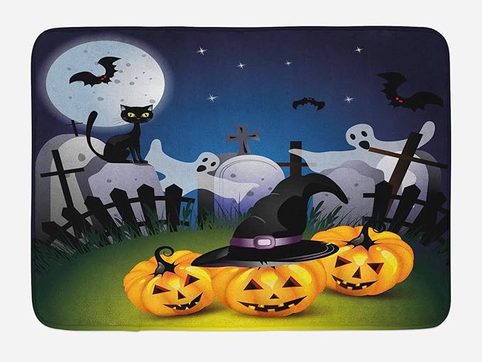 Lunarable Halloween Bath Mat, Funny Cartoon Design with Pumpkins Witches Hat Ghosts