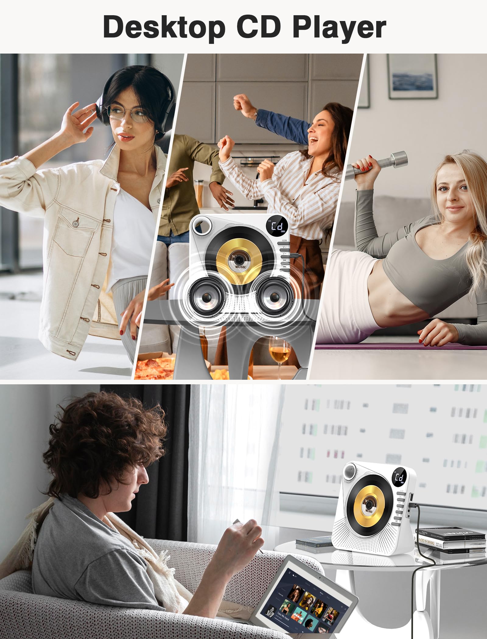 Desktop CD Player Bluetooth with HiFi Dual Speaker, CD Player for Home with Remote Control,Dust Cover,LCD Display,Sleep Timer,EQ Sound,USB/AUX/3.5mm Earphone Jack for Home,Kids,Gift