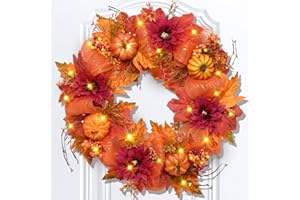 BLEUM CADE Fall Decorations for Home - Fall Wreath with Lights, Fall Wreaths for Front Door, 20" Autumn Wreath for Porch Wall Window Halloween Thanksgiving Decor