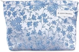 STARDW Makeup Bag for Women and Girls Travel Toiletry Bag Large Capacity Makeup Organizer Bag Flower Cosmetic Bags Zipper Pouch (Embroidery Blue)