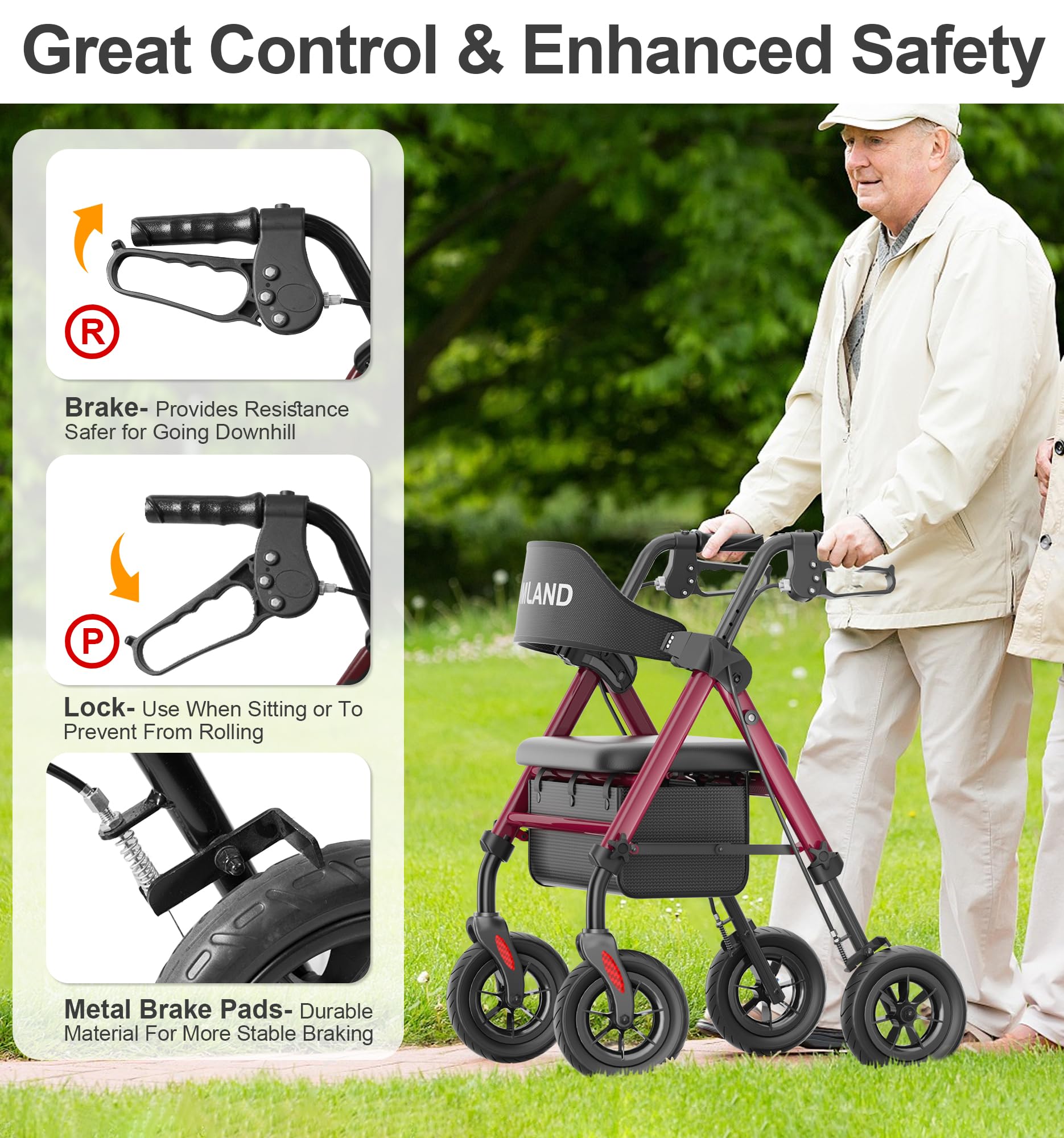 HOMLAND Walkers for Seniors with Seat, Foldable Rollator Walker, Reinforced Aluminum Frame, 8