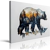 Bear Silhouette Forest Landscape Canvas Wall Art Framed Print Watercolor Painting Nature Wildlife Wall Decor Artwork Poster Sunset Colors Mountain Tree for Living Room Bedroom Office 12x16 Inches