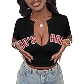 Hilinker Women's Sexy Graphic Crop Tops Short Sleeve V Neck T Shirts Summer Tees
