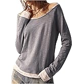 SHENHE Women's Off The Shoulder Color Block Long Sleeve Tee Shirt Casual Going Out Top