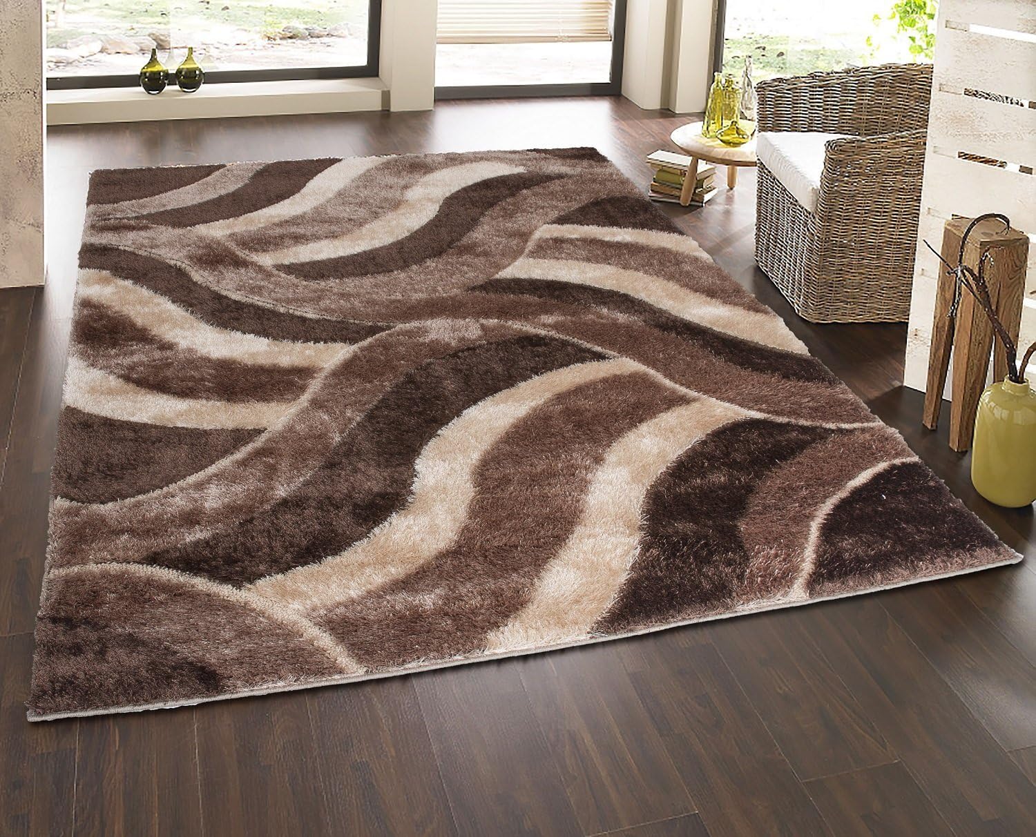 Sweet Home Stores Casa Regina Shaggy Collection Beige Contemporary Abstract Design (5'3" x7'3) Shag Area Rug