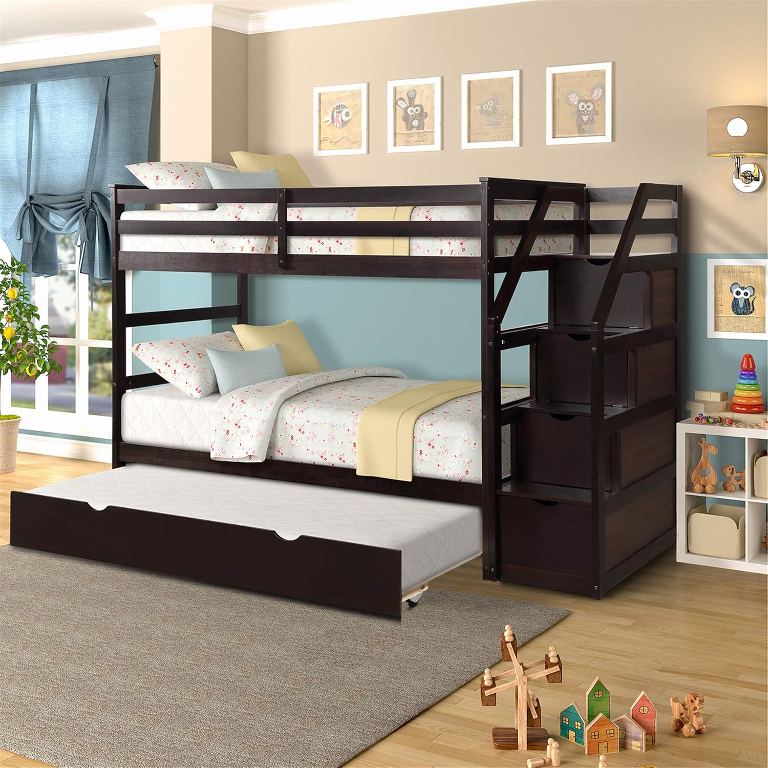 Twin Over Twin Trundle Bunk Beds Wood for Kids with 4