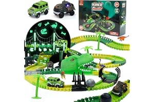 USA Toyz Dinosaur Race Tracks for Kids- 262pk Speedway Dino Race Car Track Set with 225 Glow in The Dark Flexible Roads, 2 LED Toy Cars, Tunnels, Gate, Bridge, STEM Building Toys for Boys and Girls