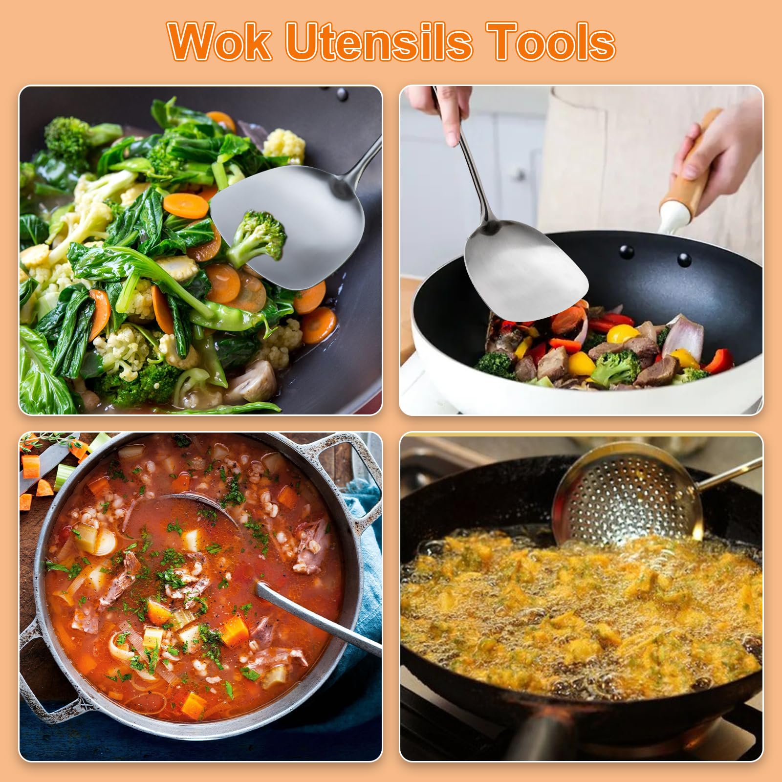 FJNATINH Wok-Pfannenwender und Schöpflöffel, Werkzeugset, 43,2 cm, Pfannenwender für Wok, 304 Edelstahl 4