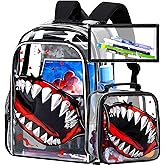 FTJCF 3Pcs Clear Backpack for School, Kids Boys Transparent Bookbag with Lunch Box, 16" Shark Heavy Duty PVC See Through Backpack Set (Black)