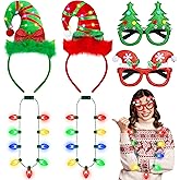 Aodaer 6 Pieces Christmas Necklace Headband Glasses Set LED Light Up Santa Hat Headwears Eyeglasses Strip Bulb Necklace Christmas Party Favors