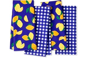 Kate Spade New York Lemon Party and Spring Gingham Kitchen Towels 4-Pack Set, Absorbent 100% Cotton, Navy Blue/Yellow, 17"x28