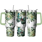 Ksoemar 40 Oz Butterfly Tumbler with Handle and Straw, Double Wall Stainless Steel Butterfly Cup, Butterflies Coffee Mug Keeps Drinks Cold & Hot Gifts for Women Mom Friends for Birthday, Chrismas
