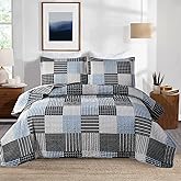 Ycosy Quilt Set King Size Plaid Bedspread Set Soft Lightweight Bedding Set Blue Black White Patchwork Quilts Reversible Bedspread Coverlet Set Home Collections Bed Set with 2 Pillow Shams