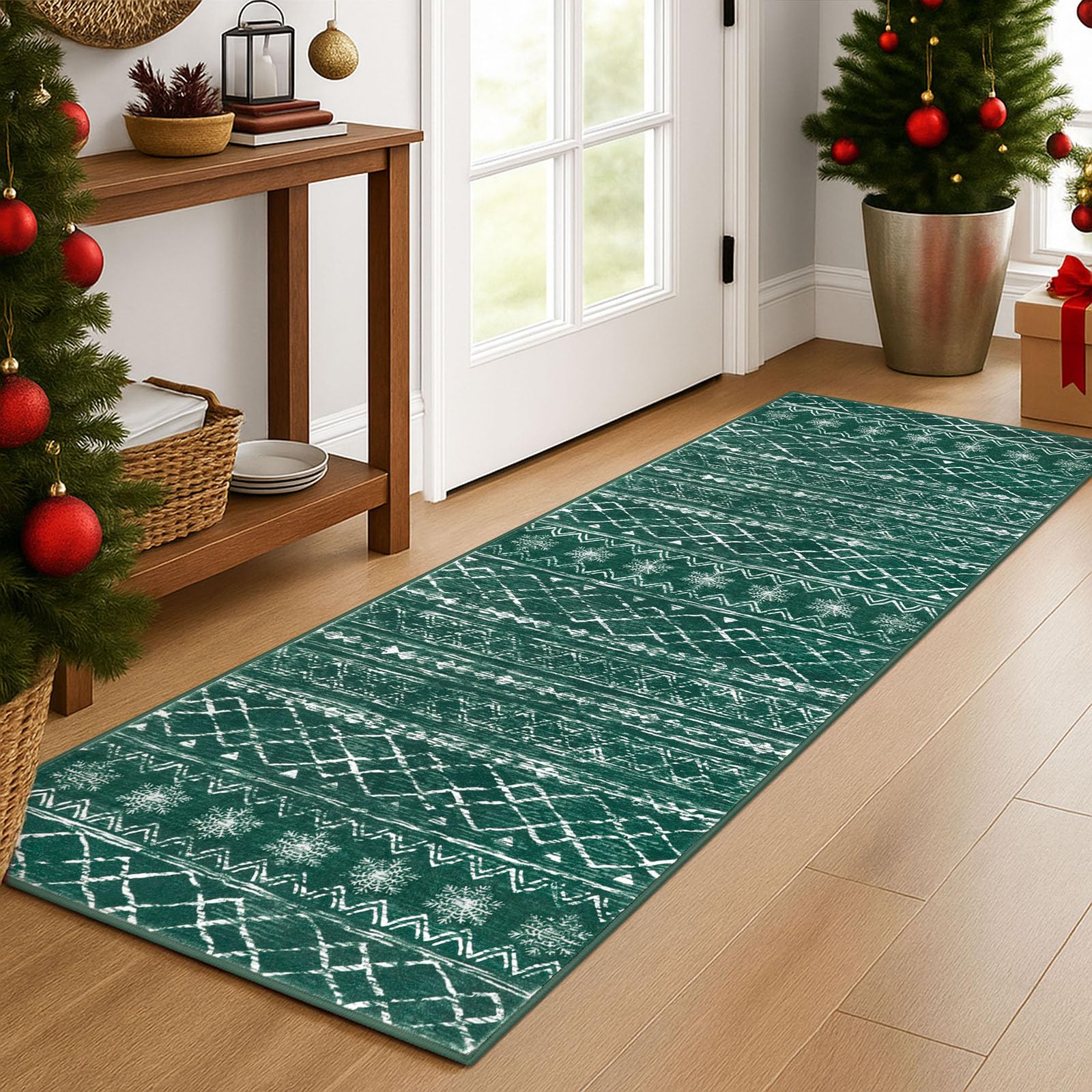 KUTA Christmas Washable Hallway Runner Rug, 2x6 Non-Slip Vintage Boho Rugs Kitchen Runners Green Ultra Soft Distressed Geometric Floor Carpet for Bedroom Laundry Living Room Image