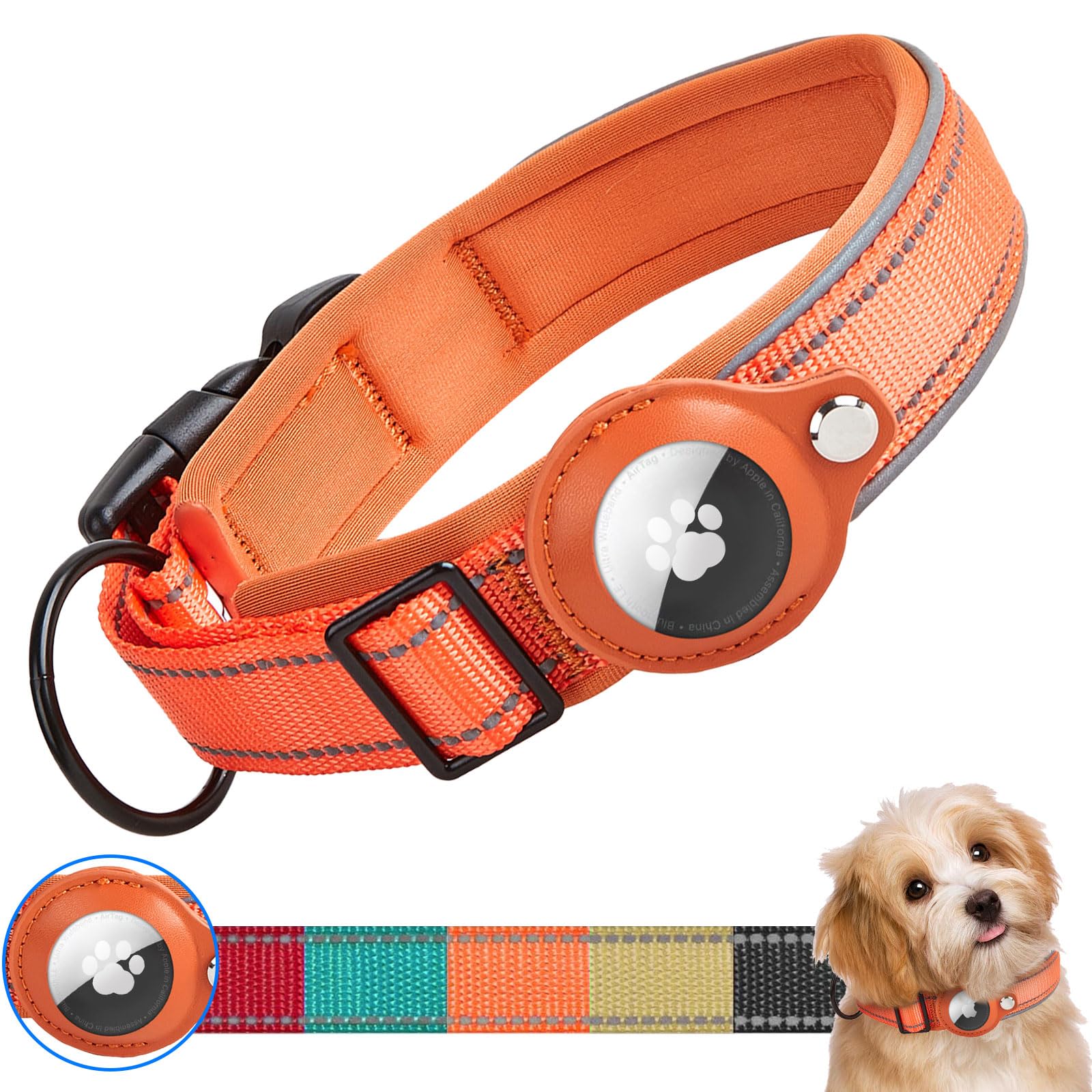Ledeak Padded Dog Collar for AirTag, Reflective Waterproof Dog Collar Holder with Protective Case for Apple Airtag Dog Tracker, Durable Anti-lost Dog Collars for Small Medium Large Dogs (Orange, L)