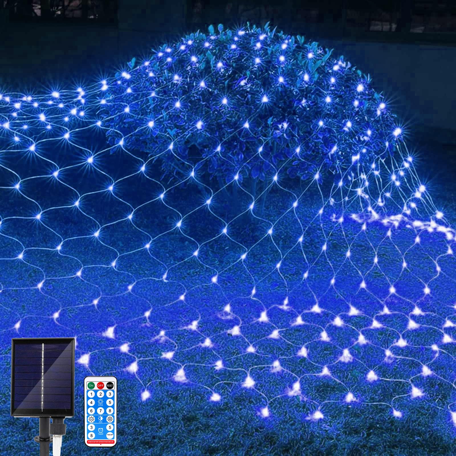 JIMACRO Solar Powered Net Lights Outdoor, 1.5 m x 1.5 m 96LEDs Mesh Fairy Lights with 8 Modes, Remote Control Waterproof Copper Wire Bush Fairy Lights, for Xmas Tree Lawn Bushes Garden Décor