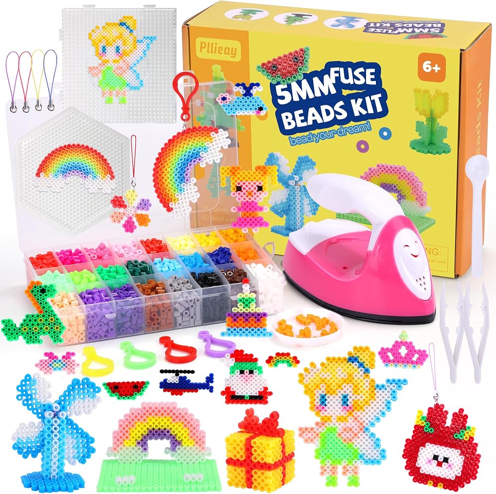 Pllieay Fuse Beads Kit 5mm 24 Colors w/ Mini Iron Pegboards Tweezers Craft Set