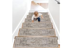HomeNette Non-Slip Carpet Stair Treads, Rubber Back 8x28 (15 in pack) Machine Washable Beige Runner Rug for Indoor Wooden Ste