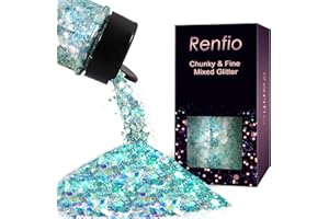 Renfio Opal Chunky Glitter, 1.75oz/50g Blue High Sparkle for Crafts - Holographic Fine Mix Iridescent Flakes for Resin, Nails, Art, Hair, DIY, Snow Globe - Azure Sky