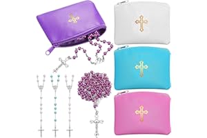 Dansydaisy 8 Pcs Rosary Pouch with Catholic Christmas Rosary Beads Necklace Set for Women Leather Holder with Zipper Gold Cross Imprint Case Portable Religious Bag for Travel