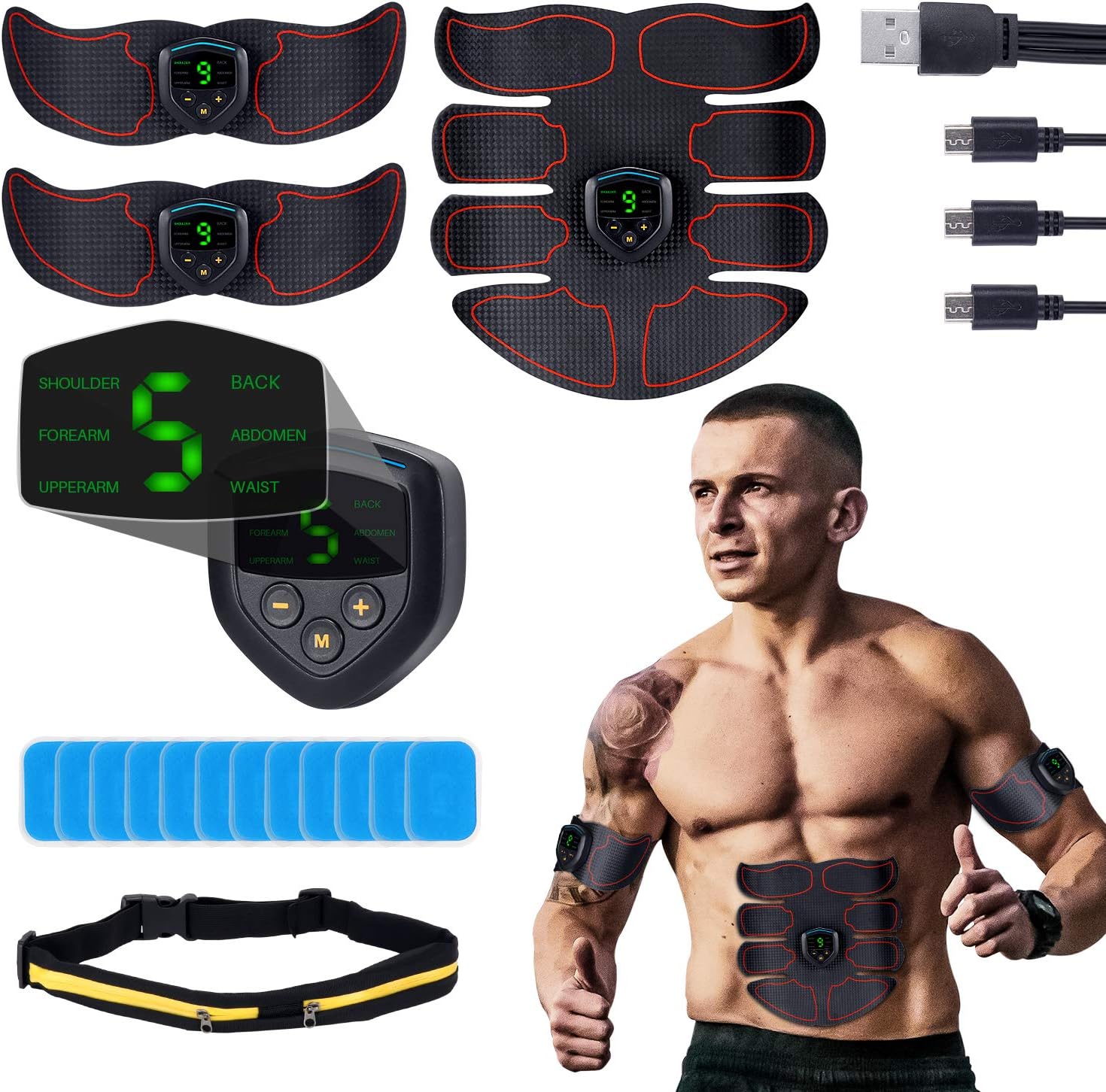 QUNSE ABS Stimulator EMS Muscle Trainer - USB Rechargeable, LCD Display, 6 Modes, 9 intensities Abdominal Toner Belts, with 12p Replacement Gel Pads and Waist Bag-Workout Home Gyms