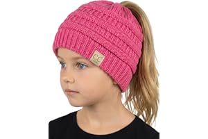 Funky Junque Toddler Girl Ponytail Beanie – Girls Winter Hat, Messy Bun Pony Tail Beanies Ages 2–7, Warm Knit Cap Stretch Fit