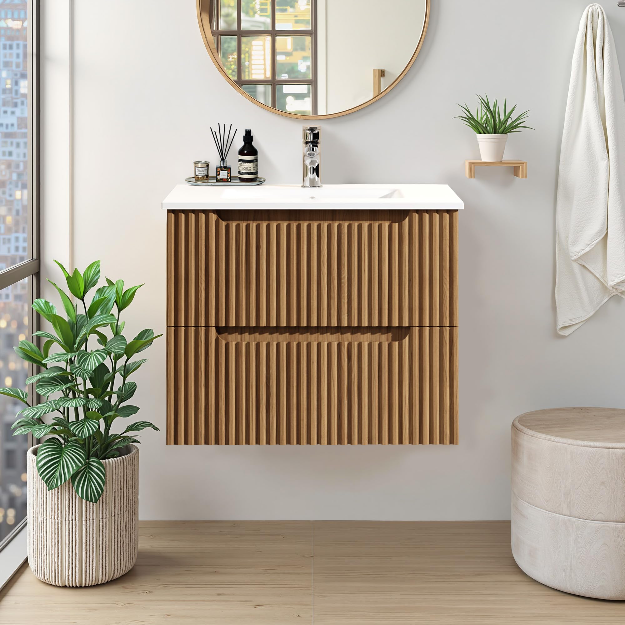 Photo 1 of **SINK ONLY**TUYOHW 24 Inch Floating Bathroom Vanity with White Ceramic Sink, Wall Mounted Bathroom Storage Cabinet with 2 Soft-Closing Drawers, Wave Carving Design, Faucet and Drain Not Included, Walnut