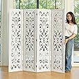 5.6Ft Room Divider Folding Wood Classical Carved Partition Screen for Home Office Garden - 4 Panels (White)