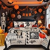 EVENHUG Halloween Quilt Set King Size Bedspread with Pillow Shams Festival Themed Bedding Sets Pumpkin Ghost Coverlet 4 Piece (104