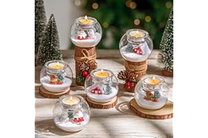 Glasseam DIY Christmas Candle Holder: 6 PCS Glass Tealight Votive Candle Holders with 8pcs Mini Christmas Figurines DIY Snow Globe Ornament for Table Centerpiece Xmax Decorations 3.15inch