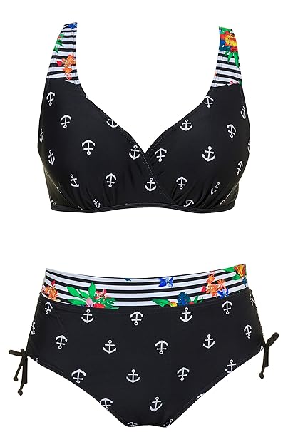 Ulla Popken Damen große Größen bis 54D | Bikini mit Ankermuster | Softcup-Büste | verstellbare Träger | Blütenmuster | 716373