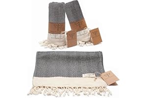 SMYRNA TURKISH COTTON Herringbone Series Turkish Hand Towels Set of 2, 16x40 inch, Decorative Turkish Hand Towels for Bathroom, Kitchen, Face, Hair, Tea, Yoga, Gym, Dishcloth Set of 2, Black