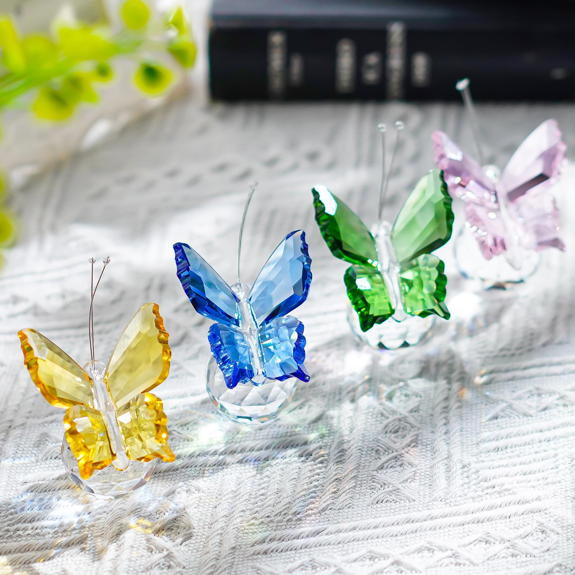 H&D HYALINE & DORA Crystal Flying Butterfly with Base Figurine,Cut Glass Collection Animal Ornament,Pack of 4