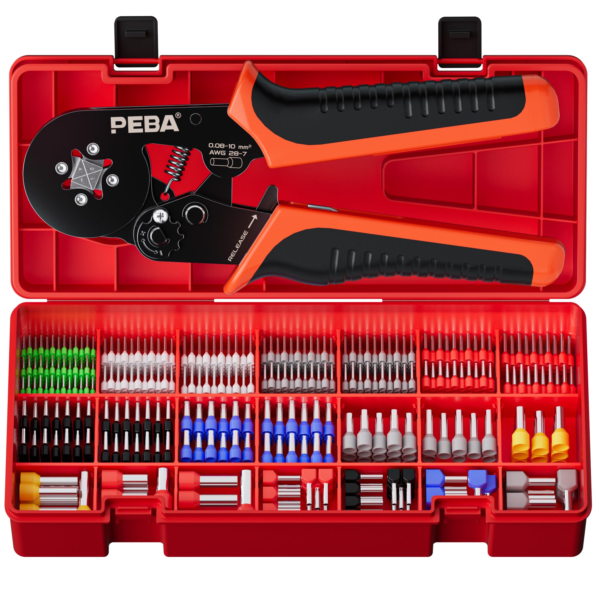 PEBA Ferrule Crimping Tool Kit with Insulated Bootlace Ferrules, 21 Sizes 0.25-10mm²/AWG24-8, Self-Adjusting Ratchet Square Crimper 0.08-10mm²/AWG28-7, Twin Wire Ferrules Set