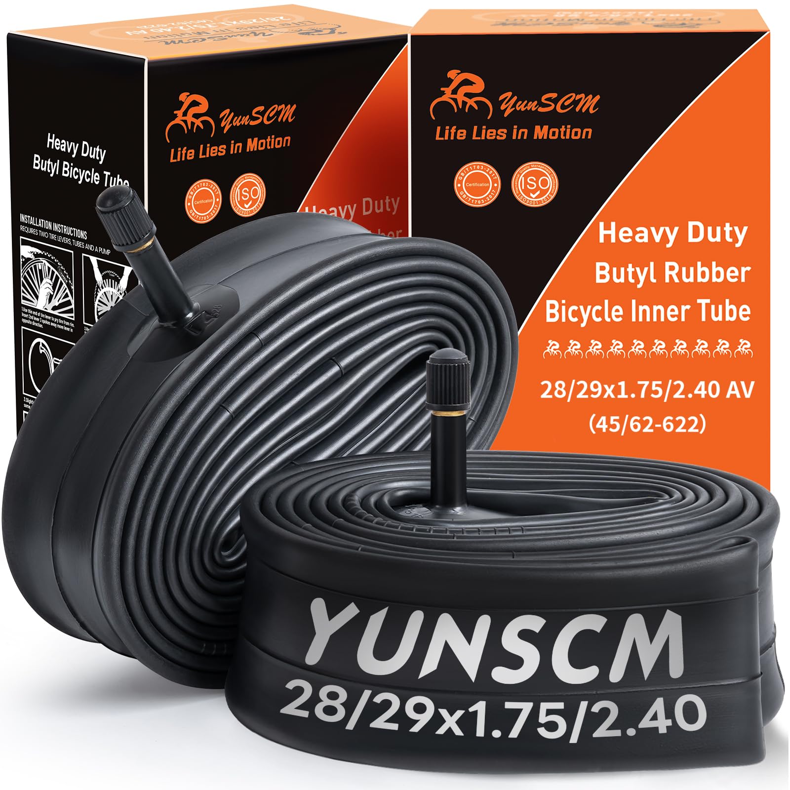 YunSCM 2 PCS HeavyDuty 28/29 inch Bike Inner Tubes 28/29x1.75 28/29x1.95 28/29x2.10 28/29x2.25 28/29x2.35 28/29x2.40 45/62-622 AV32mm Schrader Valve Compatible 28/29x1.75/1.95/2.10/2.25/2.40 Bike Tube