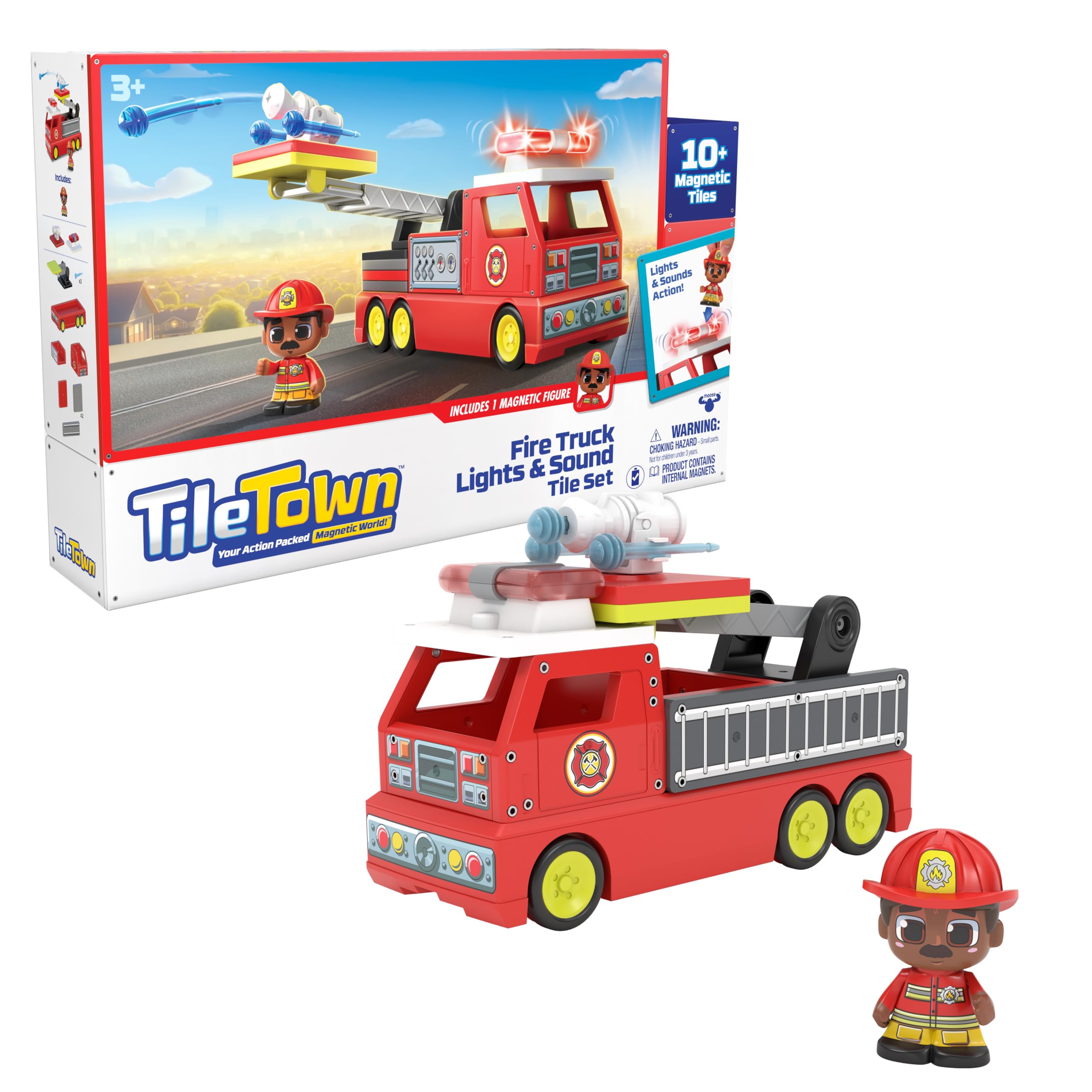 TILE TOWN Firetruck Magnetic Tiles Building Vehicle Playset With Lights & Sounds + Figure, Kids 3-5+, New ACTION TILES for Action Play, Realistic Builds, STEM Creative Toy, Great Gift for Boys & Girls