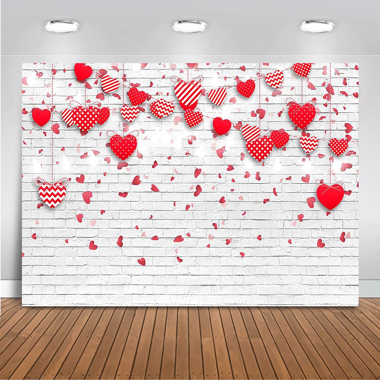 Avezano 8x6ft Valentines Day Background Pink Red Hearts White Brick Wall Backdrop Mother's Day Wedding Bridal Shower Anniversary Party Girl Birthday Party Banner - Image 3