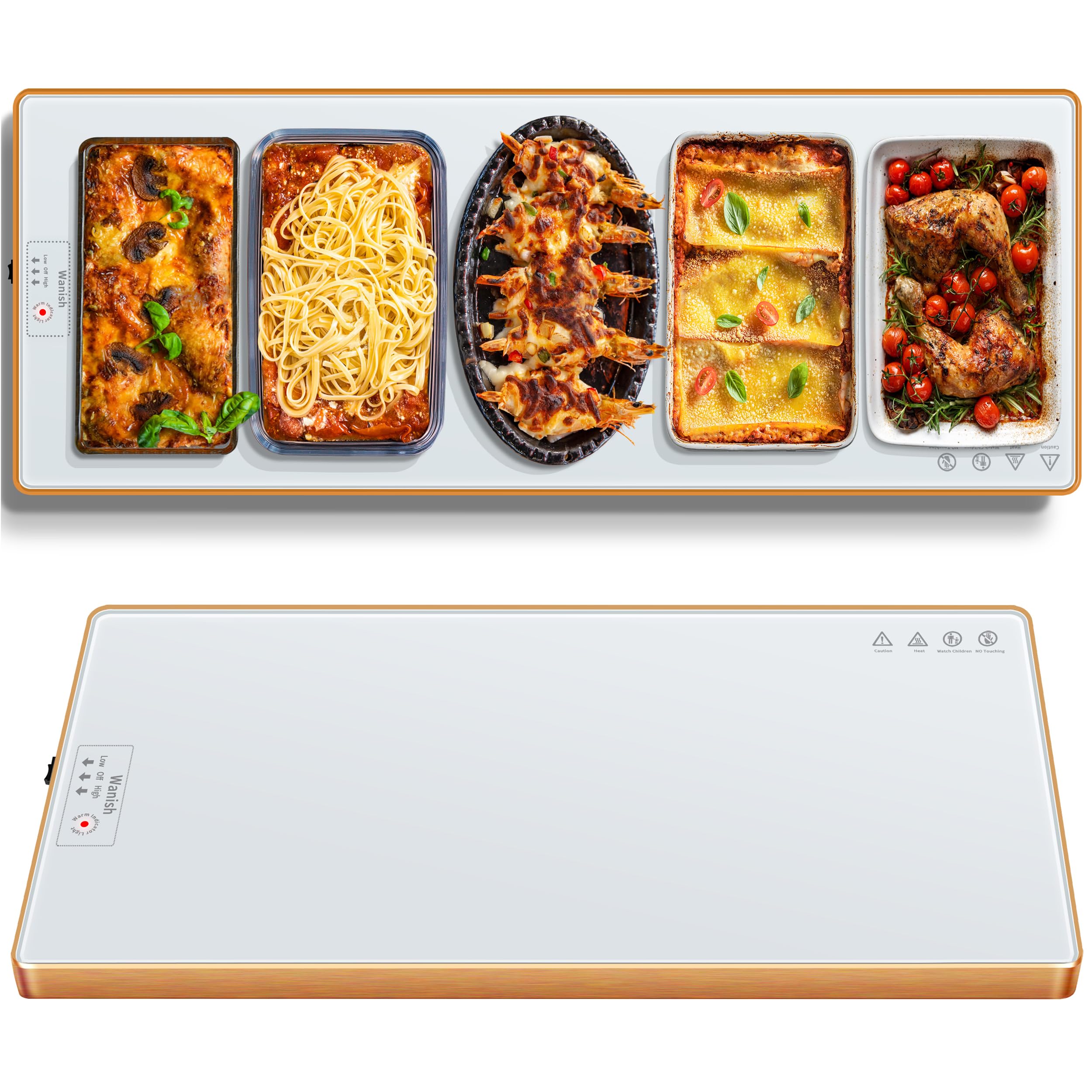 Electric Warming Tray (Extra Long 47.24”x11.81”)，Food Warmers for Parties Buffet & Gathering, Tempered Glass Warming Mat for Food with Adjustable Temperature Modes, White Chafing Dishes Image